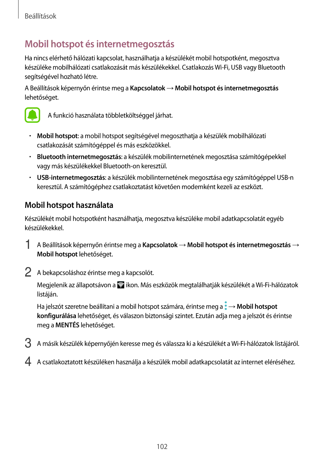 Samsung SM-G390FZKAXEH manual Mobil hotspot és internetmegosztás, Mobil hotspot használata 