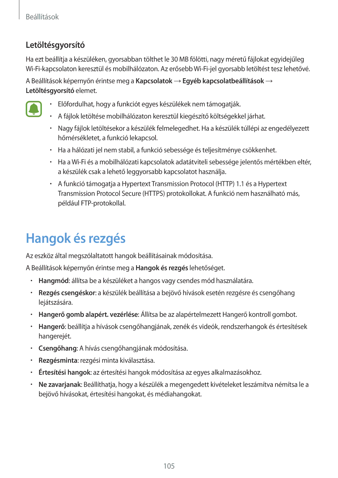 Samsung SM-G390FZKAXEH manual Hangok és rezgés, Letöltésgyorsító 