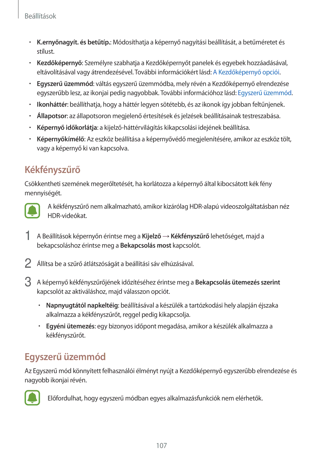 Samsung SM-G390FZKAXEH manual Kékfényszűrő, Egyszerű üzemmód 