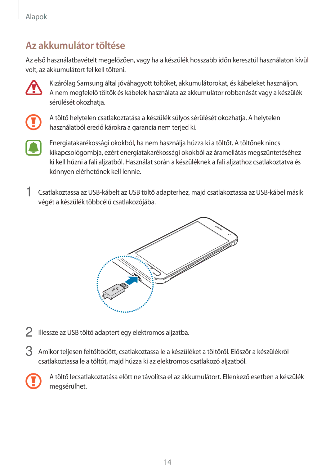 Samsung SM-G390FZKAXEH manual Az akkumulátor töltése 