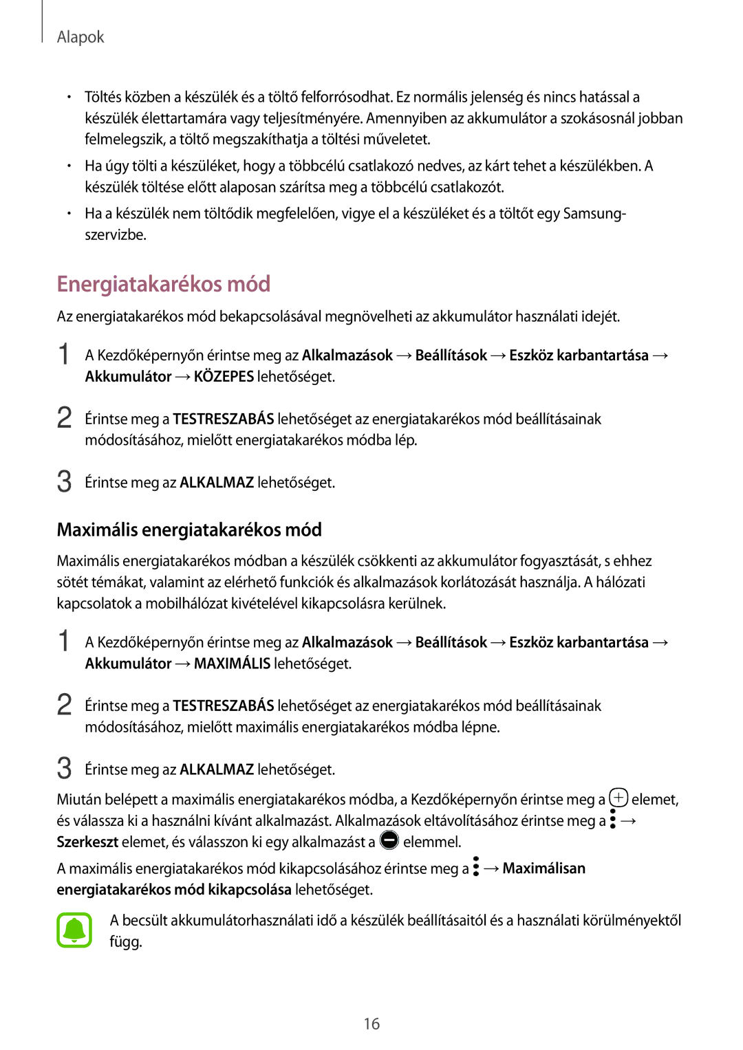 Samsung SM-G390FZKAXEH manual Energiatakarékos mód, Maximális energiatakarékos mód 