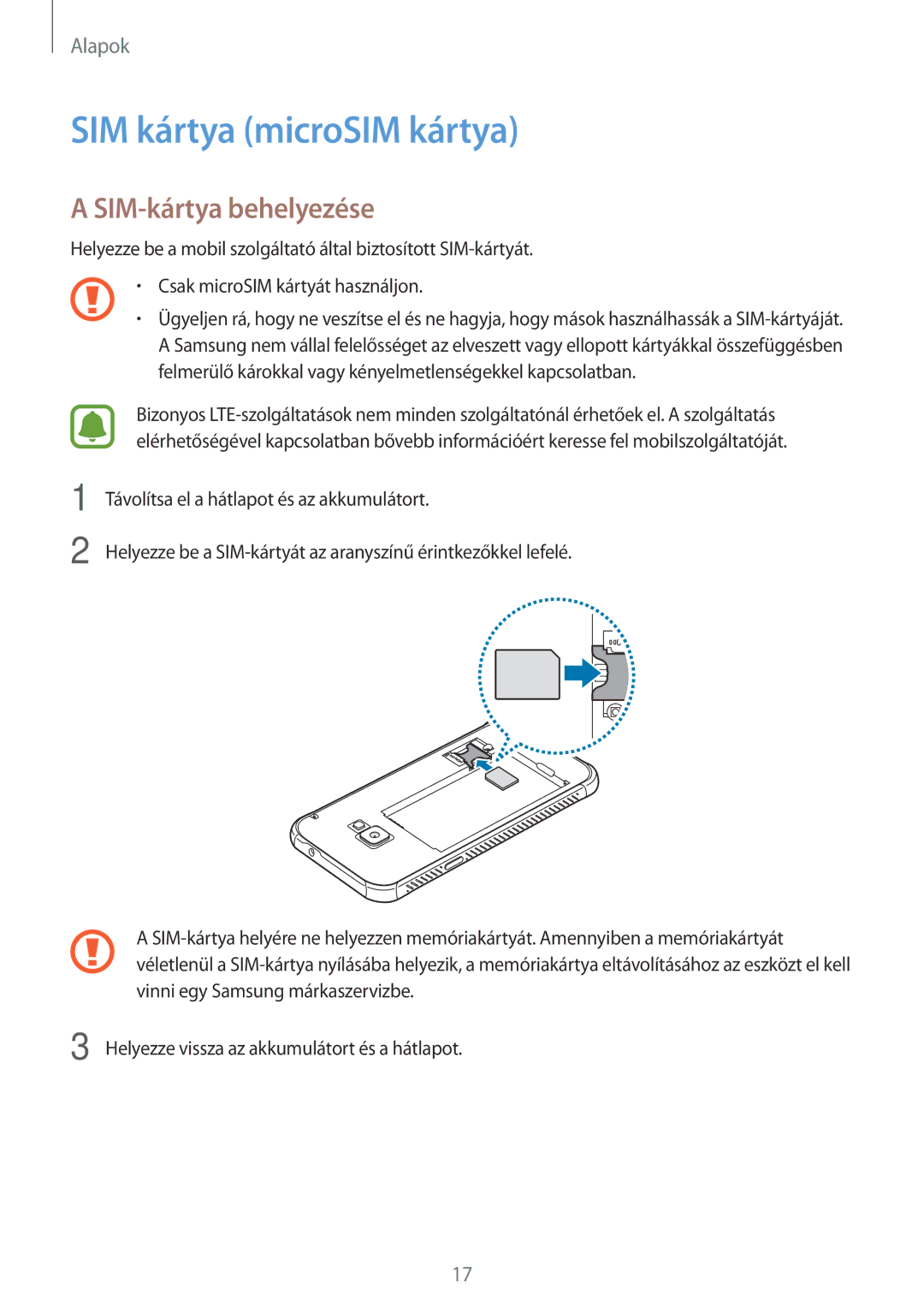 Samsung SM-G390FZKAXEH manual SIM kártya microSIM kártya, SIM-kártya behelyezése 