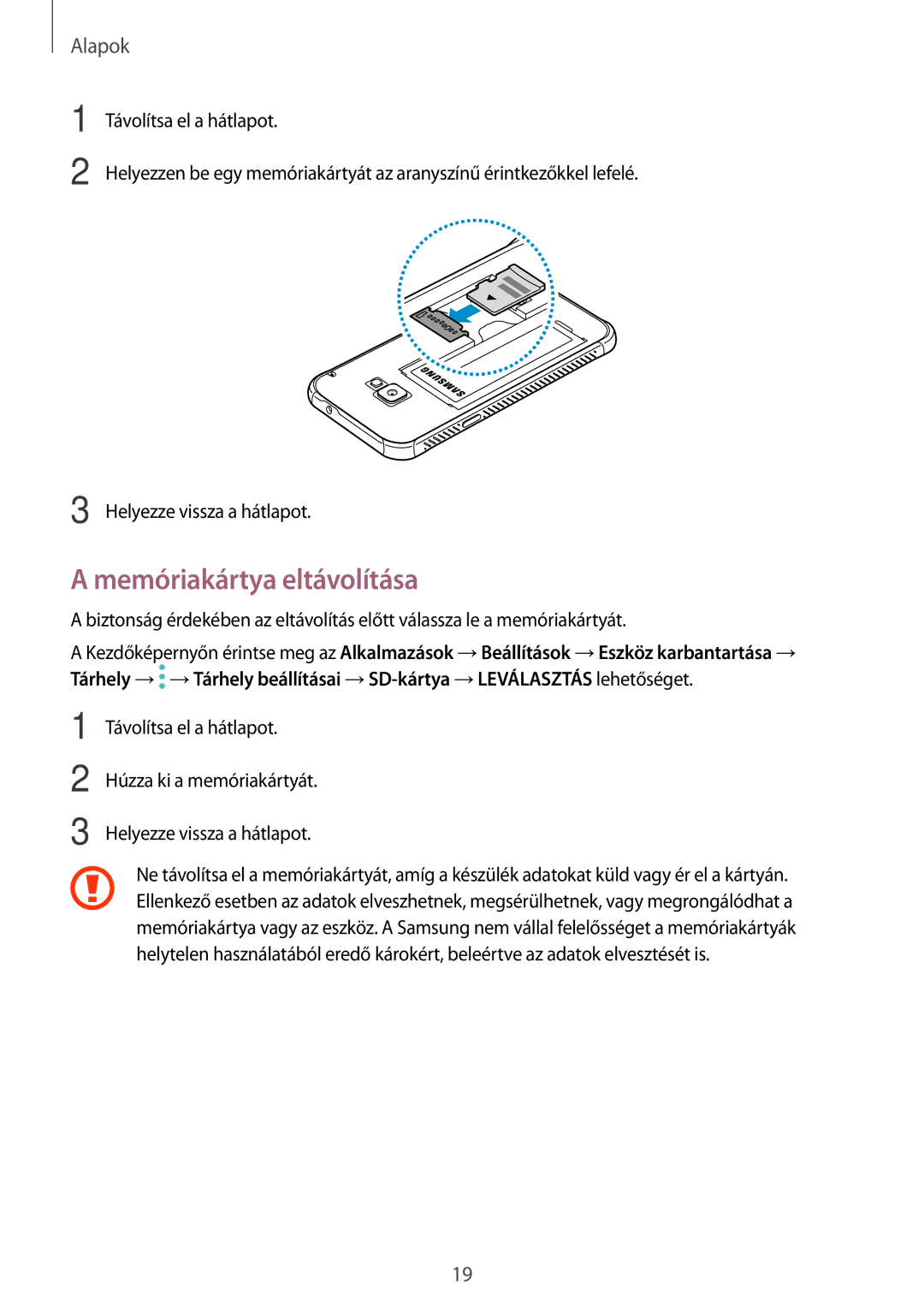 Samsung SM-G390FZKAXEH manual Memóriakártya eltávolítása 