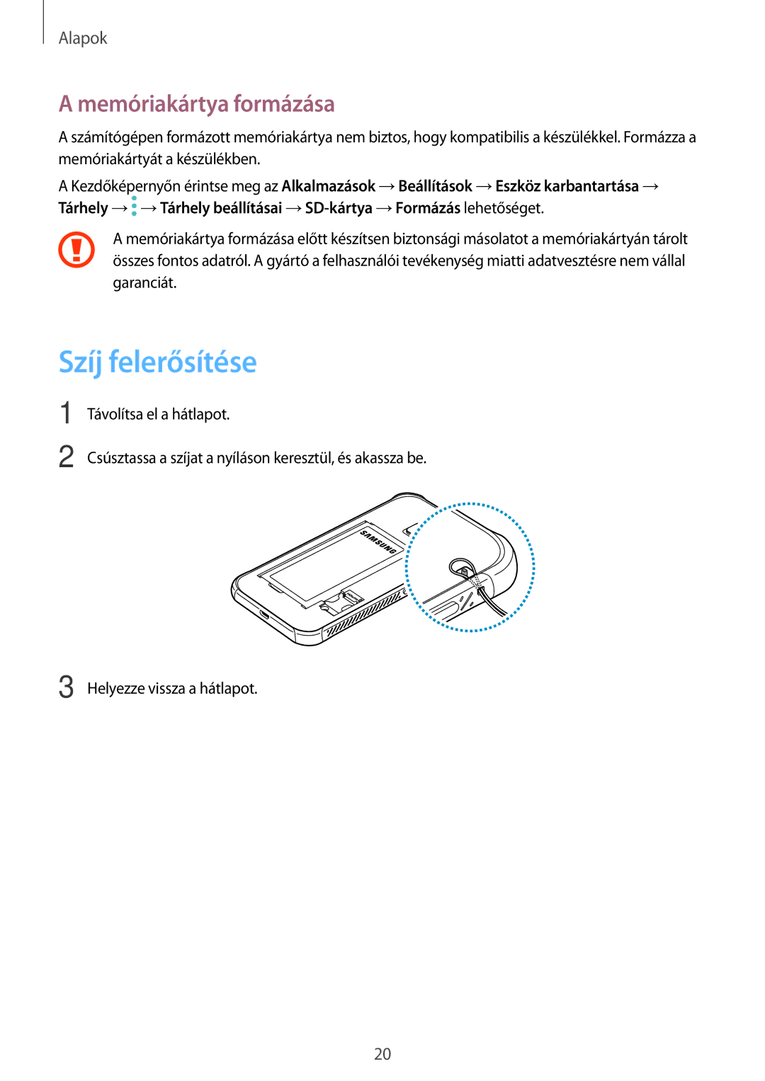 Samsung SM-G390FZKAXEH manual Szíj felerősítése, Memóriakártya formázása 