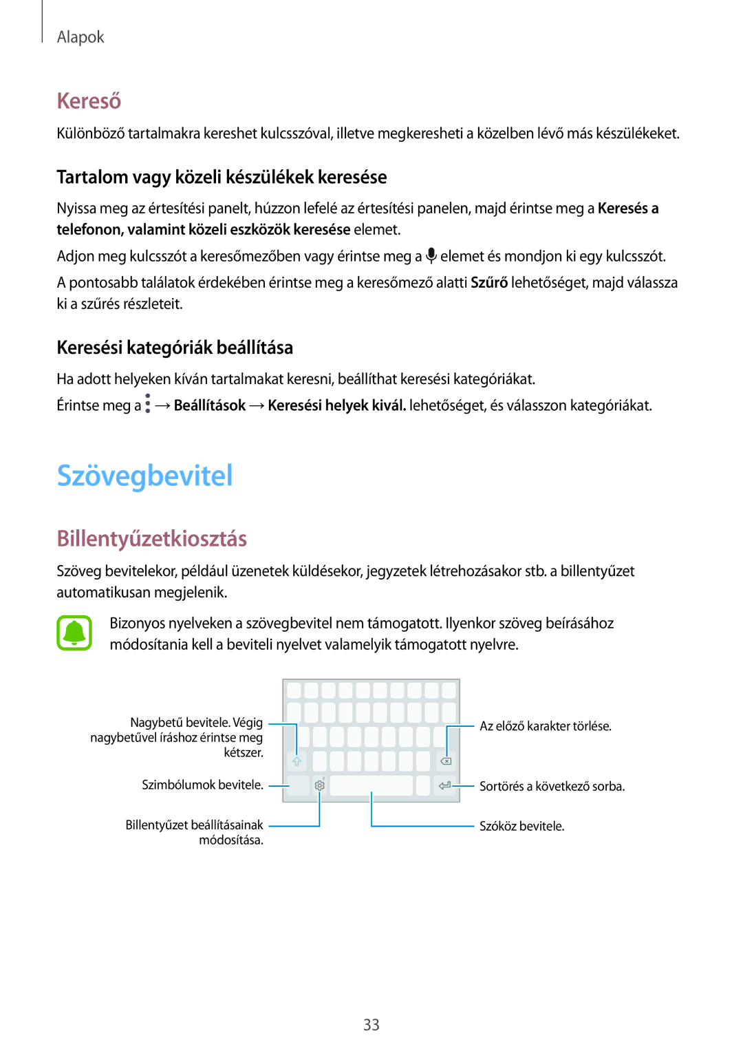 Samsung SM-G390FZKAXEH manual Szövegbevitel, Kereső, Billentyűzetkiosztás, Tartalom vagy közeli készülékek keresése 