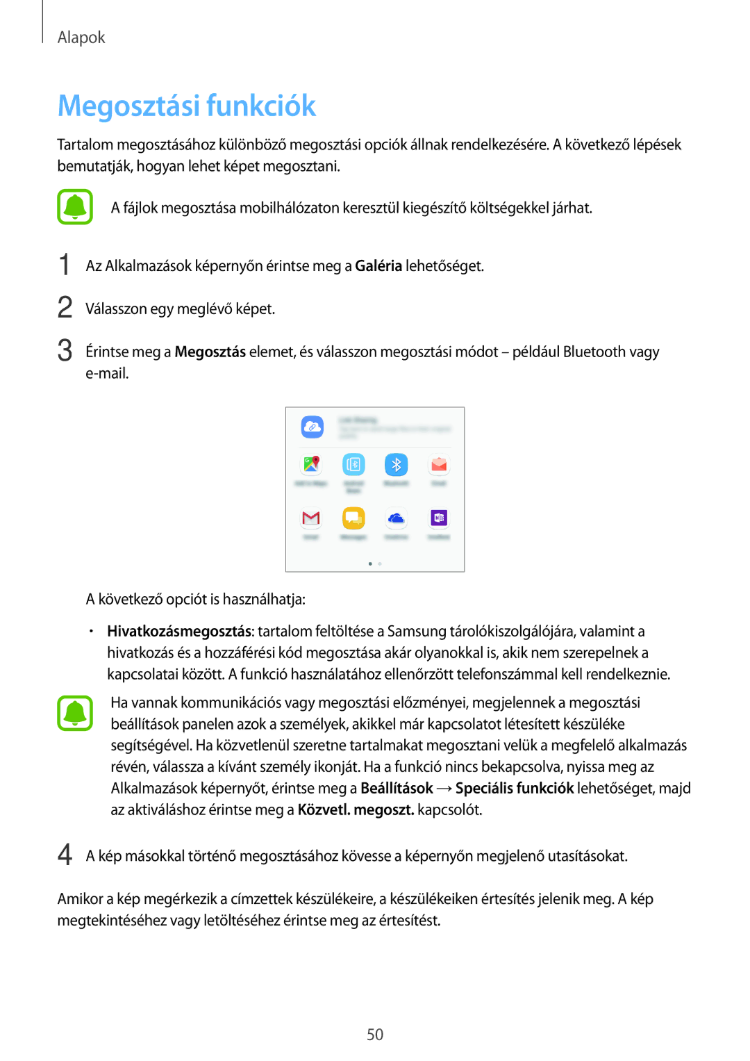 Samsung SM-G390FZKAXEH manual Megosztási funkciók 