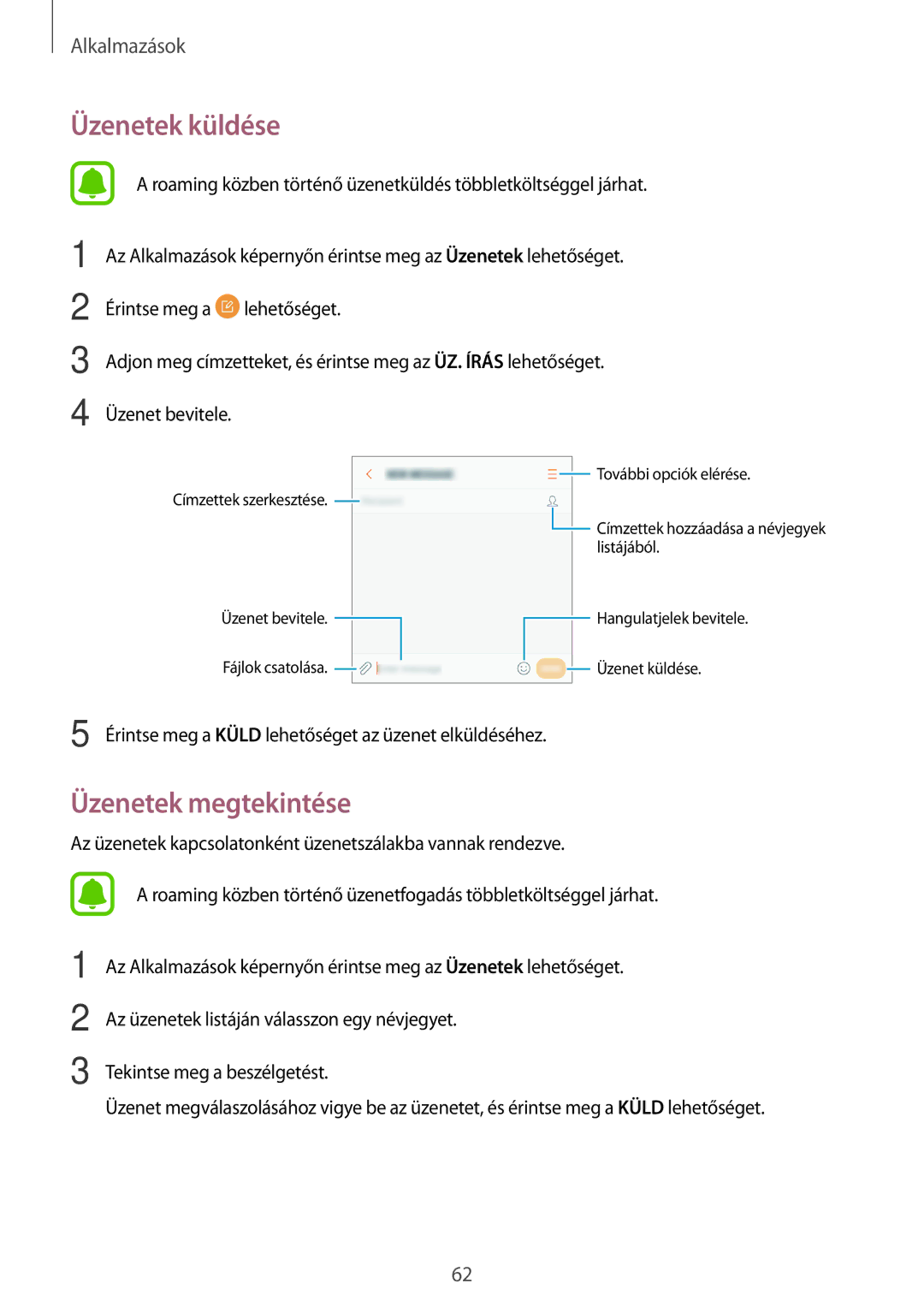 Samsung SM-G390FZKAXEH manual Üzenetek küldése, Üzenetek megtekintése 