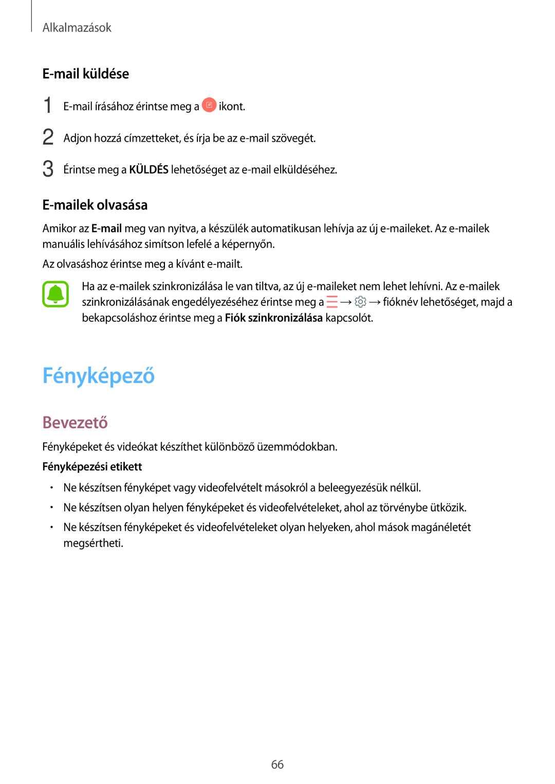 Samsung SM-G390FZKAXEH manual Fényképező, Mail küldése, Mailek olvasása 