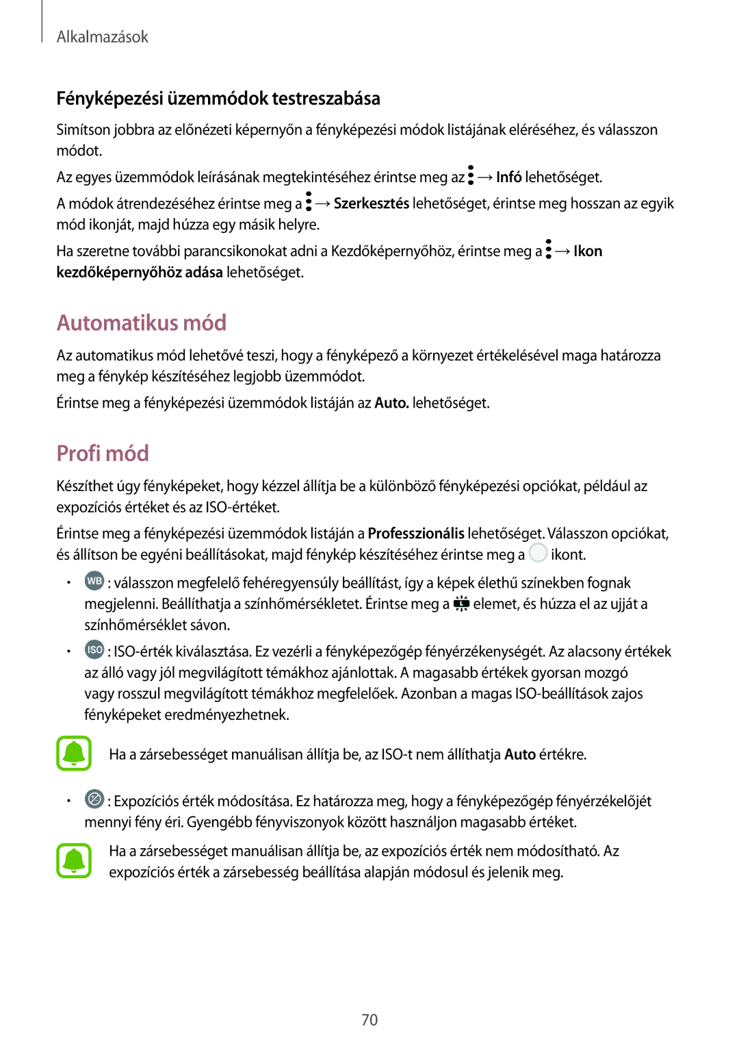 Samsung SM-G390FZKAXEH manual Automatikus mód, Profi mód, Fényképezési üzemmódok testreszabása 