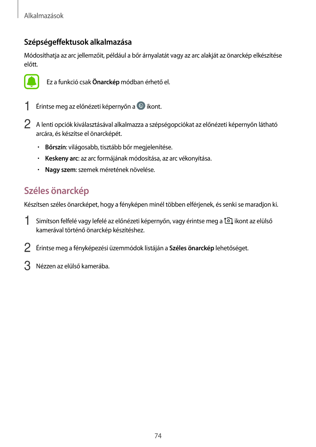 Samsung SM-G390FZKAXEH manual Széles önarckép, Szépségeffektusok alkalmazása 