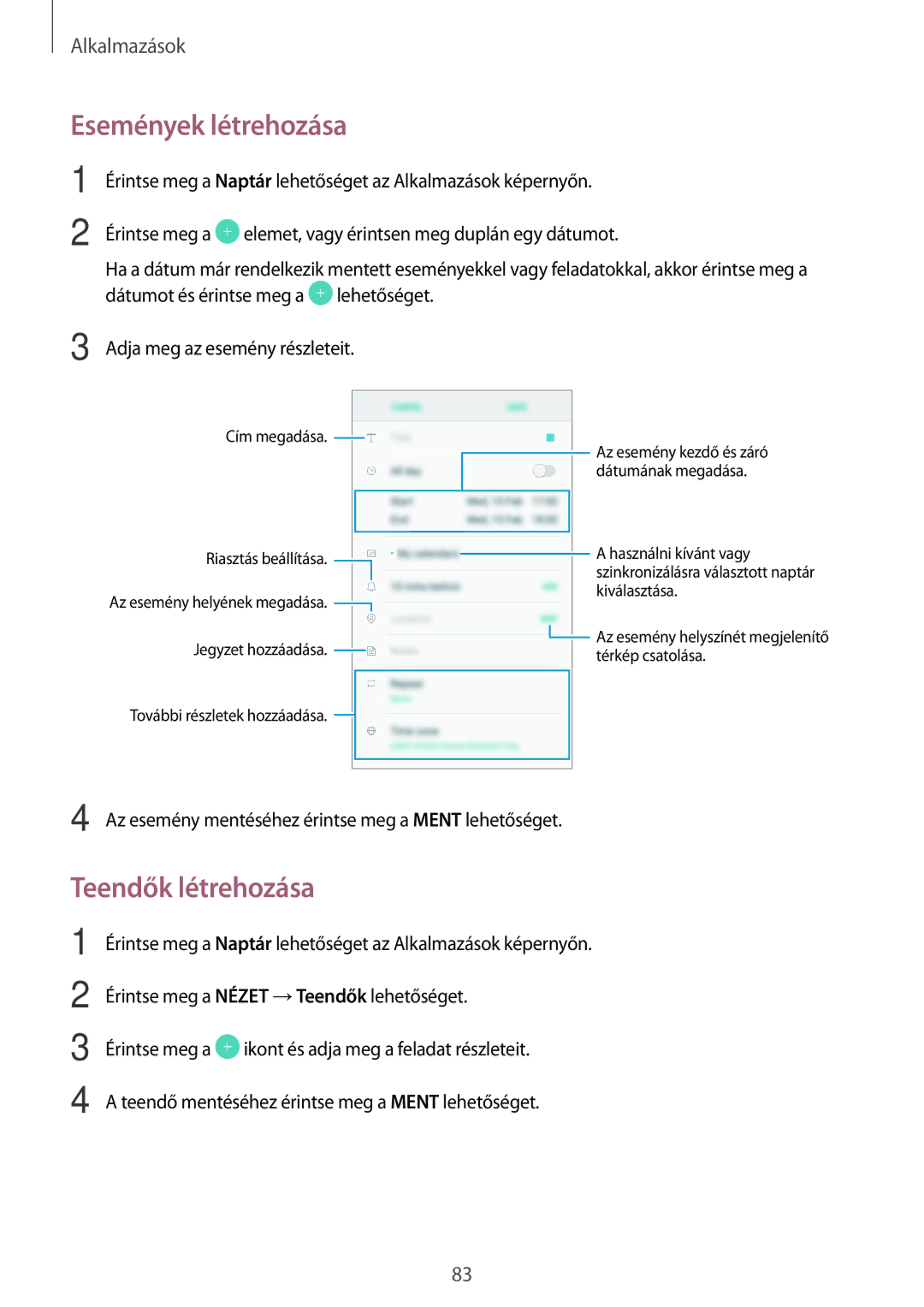 Samsung SM-G390FZKAXEH manual Események létrehozása, Teendők létrehozása 