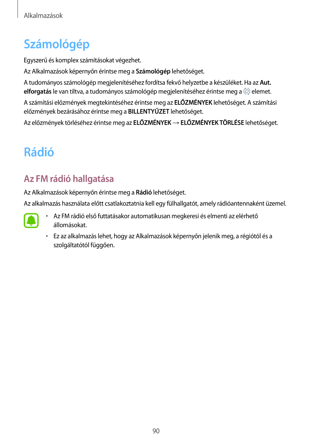 Samsung SM-G390FZKAXEH manual Számológép, Rádió, Az FM rádió hallgatása 