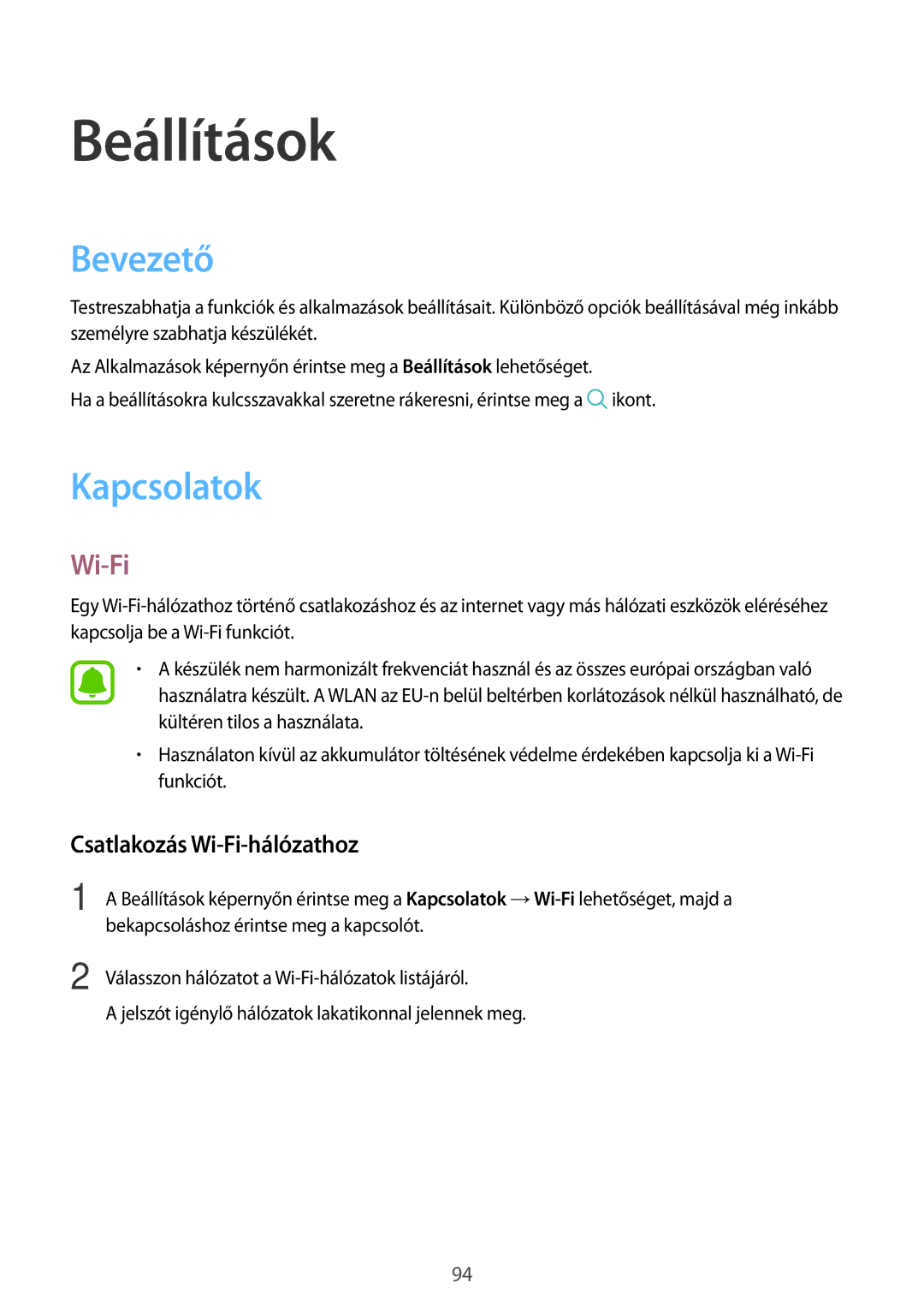 Samsung SM-G390FZKAXEH manual Bevezető, Kapcsolatok, Csatlakozás Wi-Fi-hálózathoz 