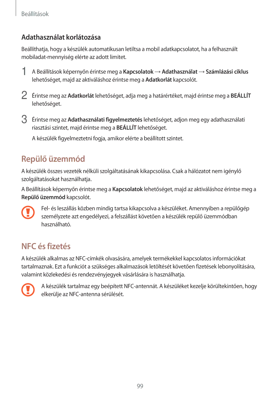 Samsung SM-G390FZKAXEH manual Repülő üzemmód, NFC és fizetés, Adathasználat korlátozása 