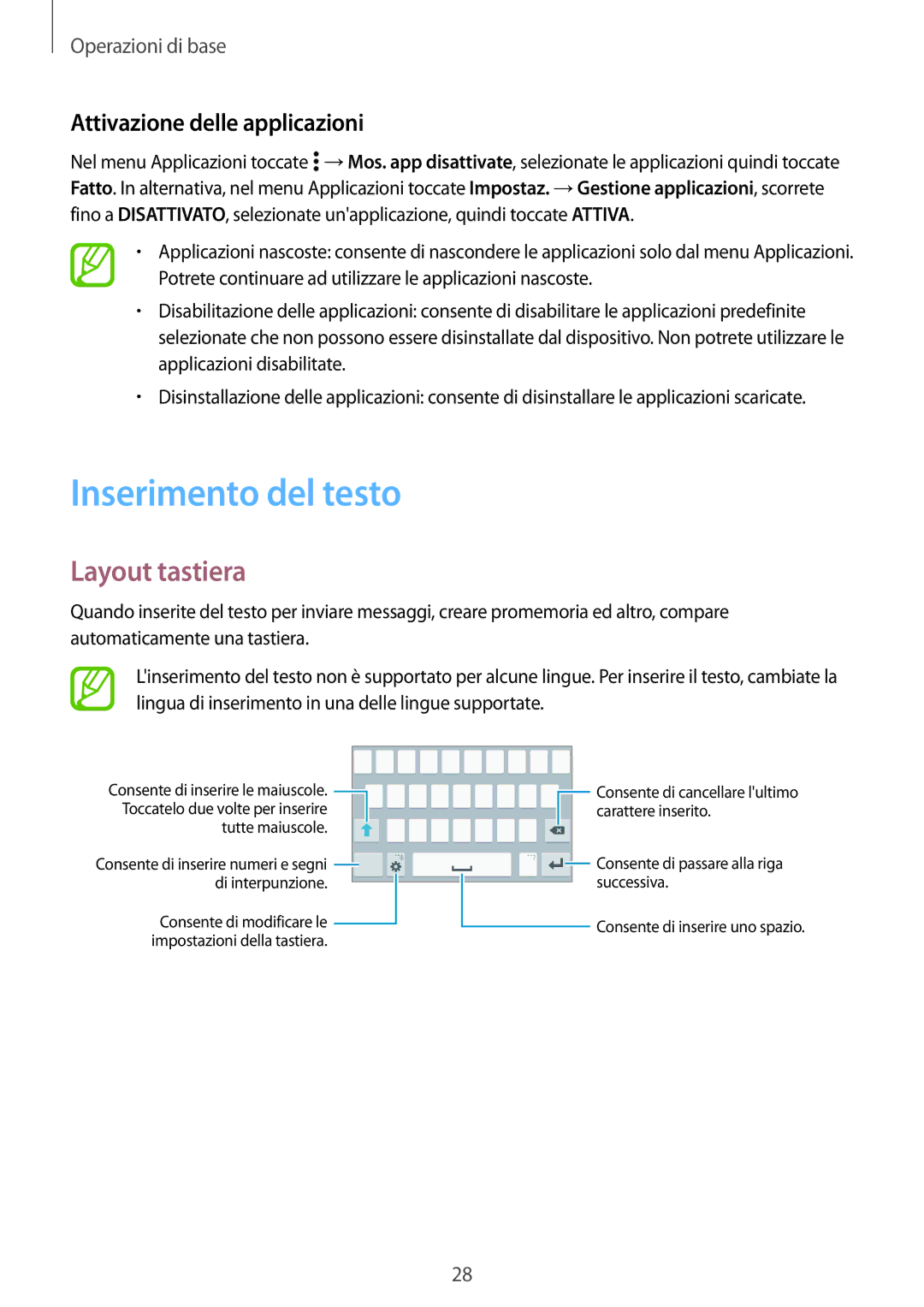 Samsung SM-G530FZWATIM, SM-G530FZAAXEO manual Inserimento del testo, Layout tastiera, Attivazione delle applicazioni 