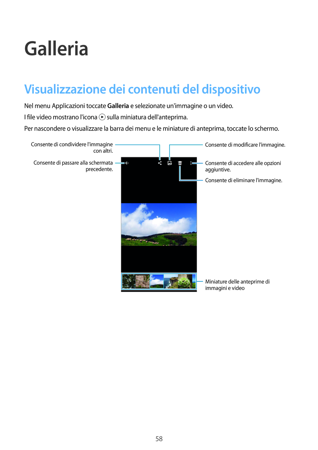 Samsung SM-G530FZAAPLS, SM-G530FZAAXEO, SM-G530FZWAPRT manual Galleria, Visualizzazione dei contenuti del dispositivo 