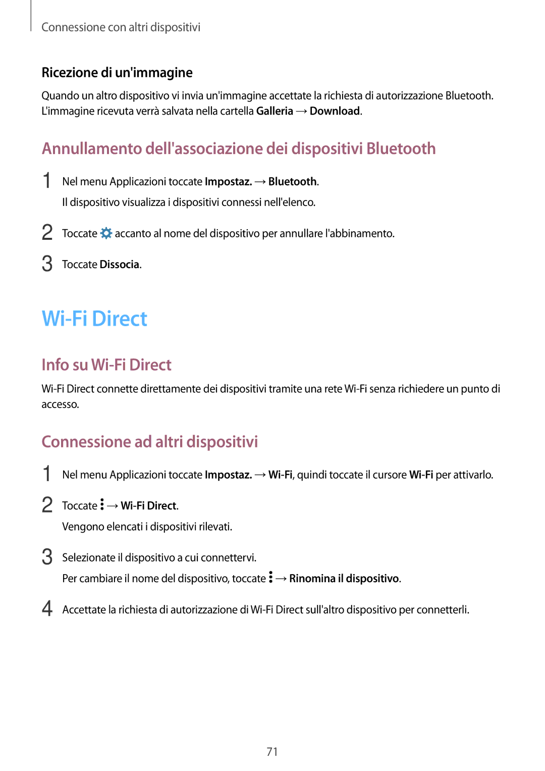 Samsung SM-G530FZAAPLS, SM-G530FZAAXEO Annullamento dellassociazione dei dispositivi Bluetooth, Info su Wi-Fi Direct 