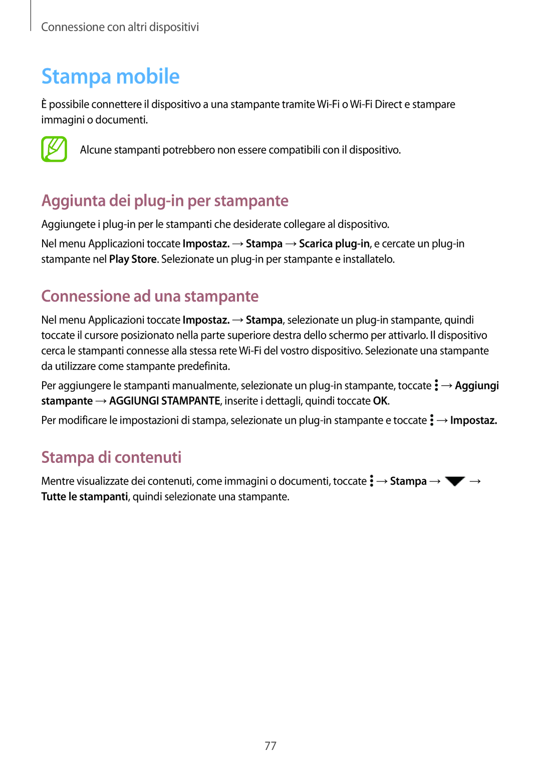 Samsung SM-G530FZWAWIN, SM-G530FZAAXEO Stampa mobile, Aggiunta dei plug-in per stampante, Connessione ad una stampante 