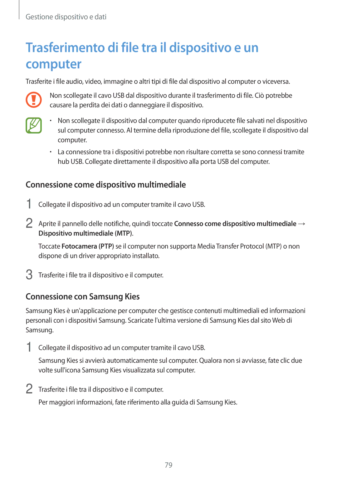 Samsung SM-G530FZWAPRT Trasferimento di file tra il dispositivo e un computer, Connessione come dispositivo multimediale 