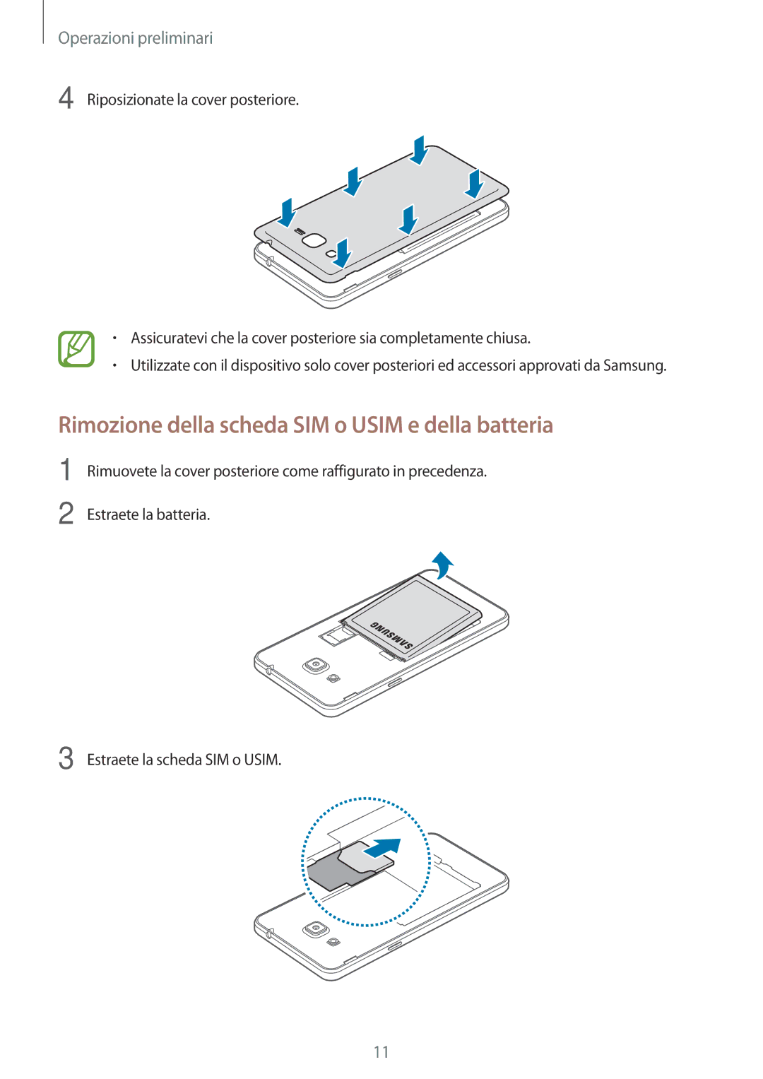 Samsung SM-G530FZAAHUI, SM-G530FZAAXEO, SM-G530FZWAPRT, SM-G530FZWATIM Rimozione della scheda SIM o Usim e della batteria 