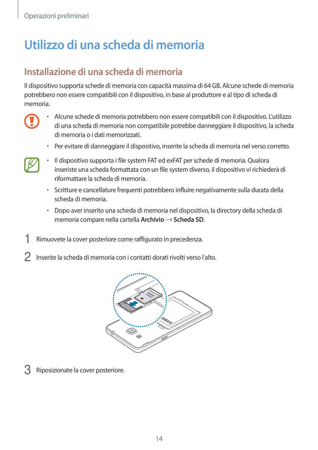 Samsung SM-G530FZWAPRT, SM-G530FZAAXEO manual Utilizzo di una scheda di memoria, Installazione di una scheda di memoria 