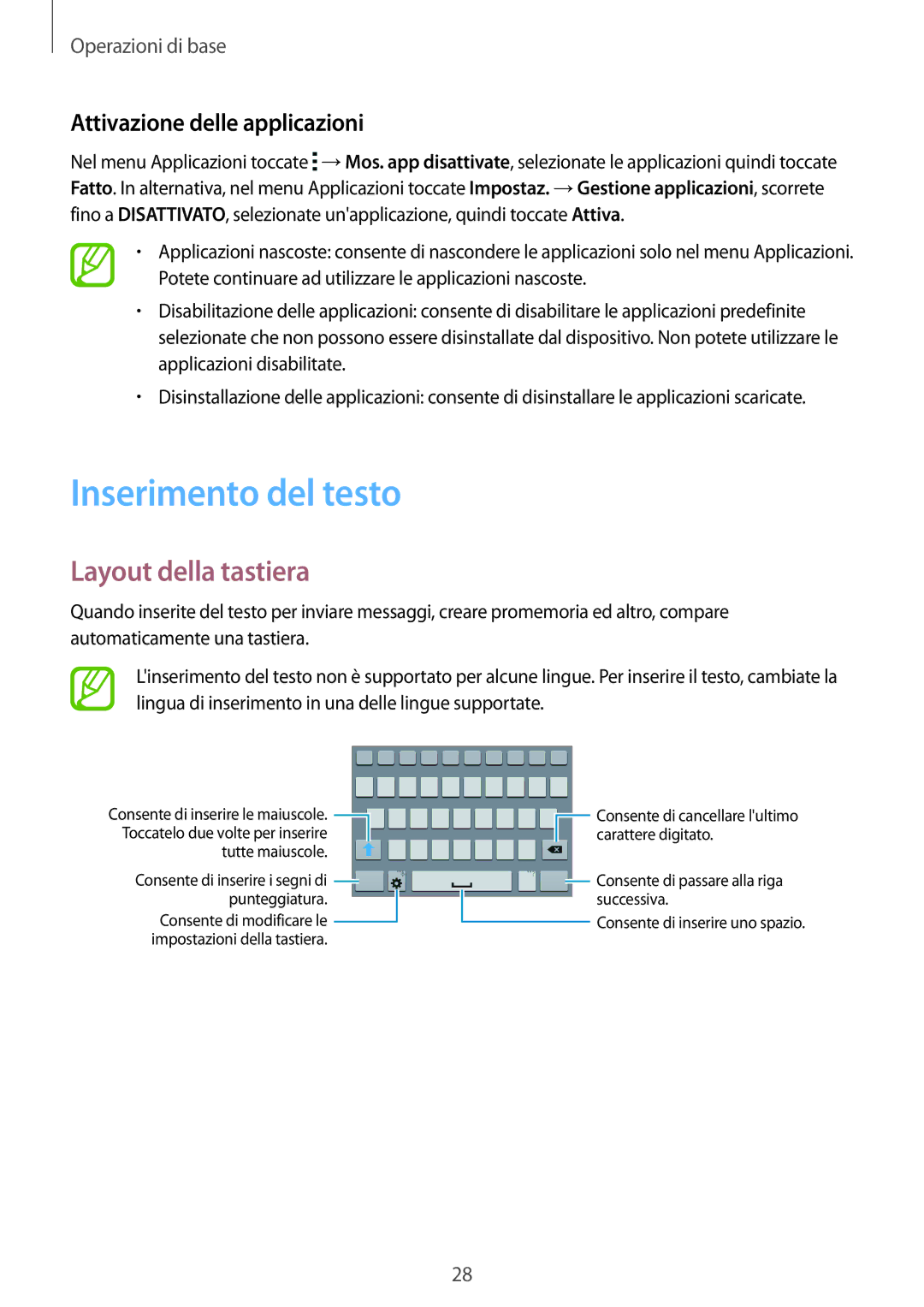 Samsung SM-G530FZWATIM, SM-G530FZAAXEO manual Inserimento del testo, Layout della tastiera, Attivazione delle applicazioni 