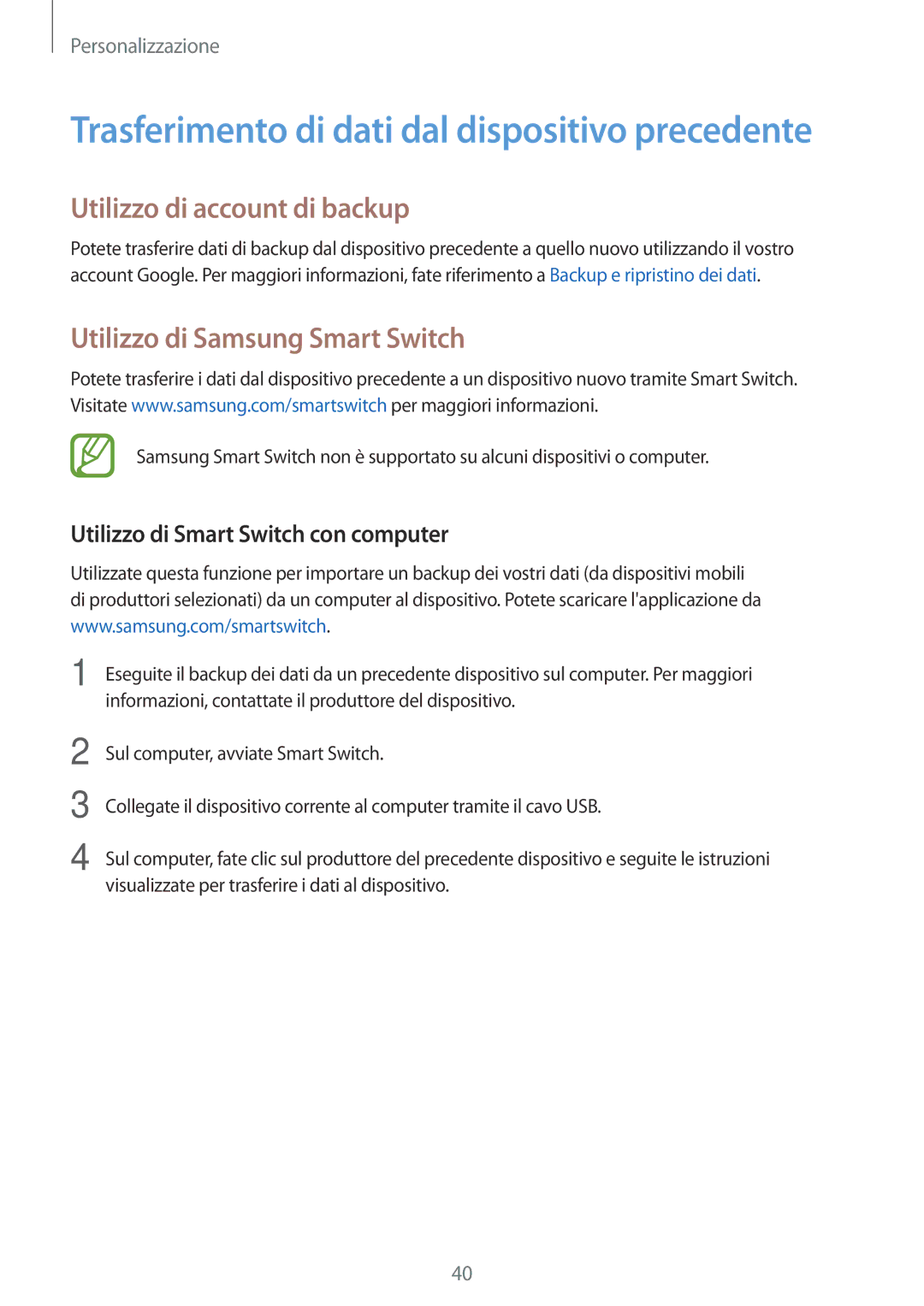 Samsung SM-G530FZWAPRT, SM-G530FZAAXEO, SM-G530FZWATIM manual Utilizzo di account di backup, Utilizzo di Samsung Smart Switch 