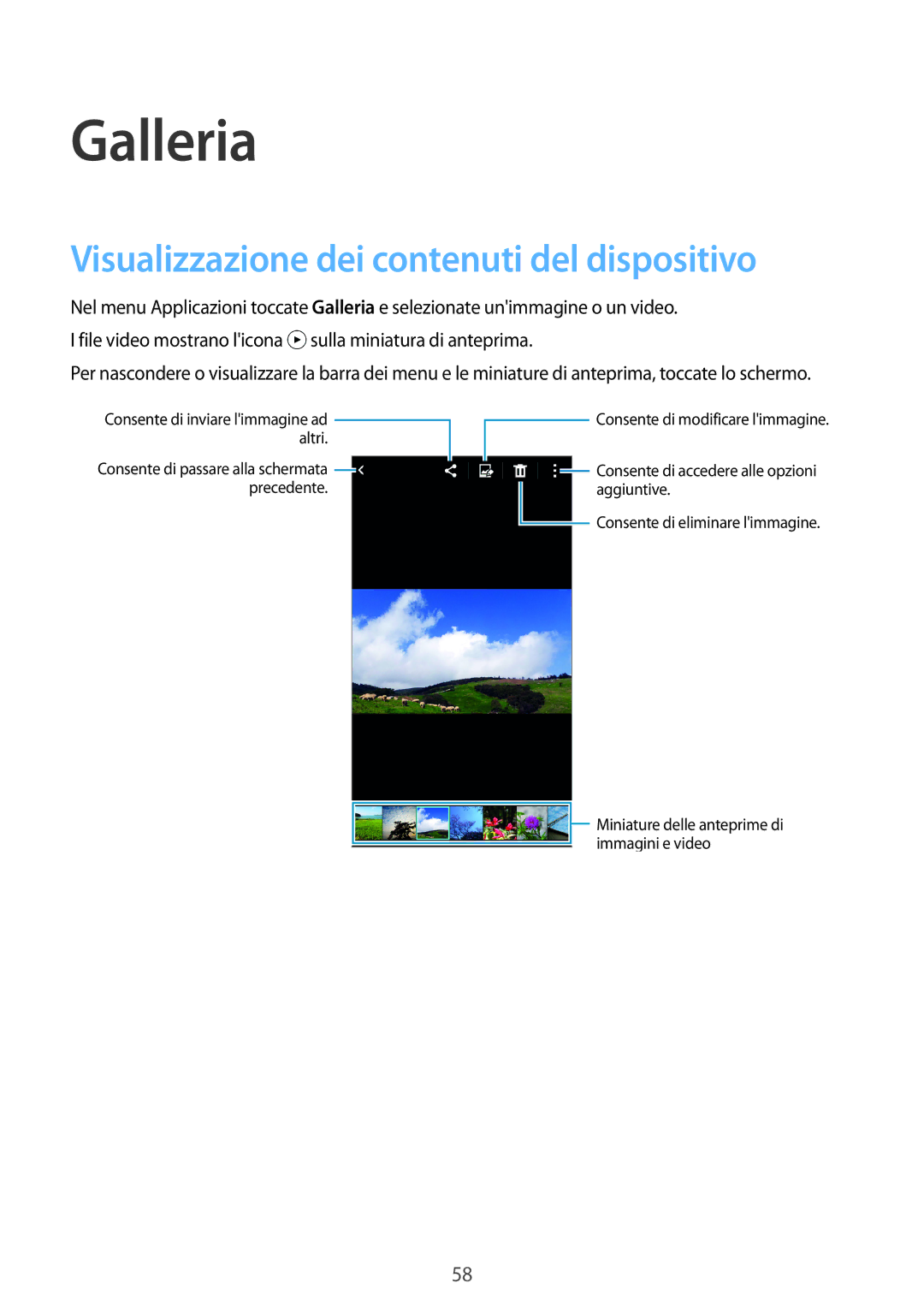 Samsung SM-G530FZAAPLS, SM-G530FZAAXEO, SM-G530FZWAPRT manual Galleria, Visualizzazione dei contenuti del dispositivo 