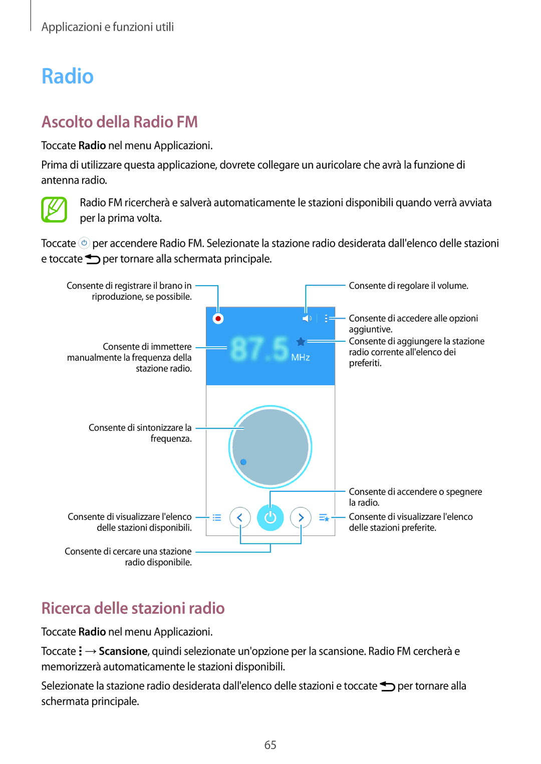 Samsung SM-G530FZAAXEO, SM-G530FZWAPRT, SM-G530FZWATIM manual Ascolto della Radio FM, Ricerca delle stazioni radio 