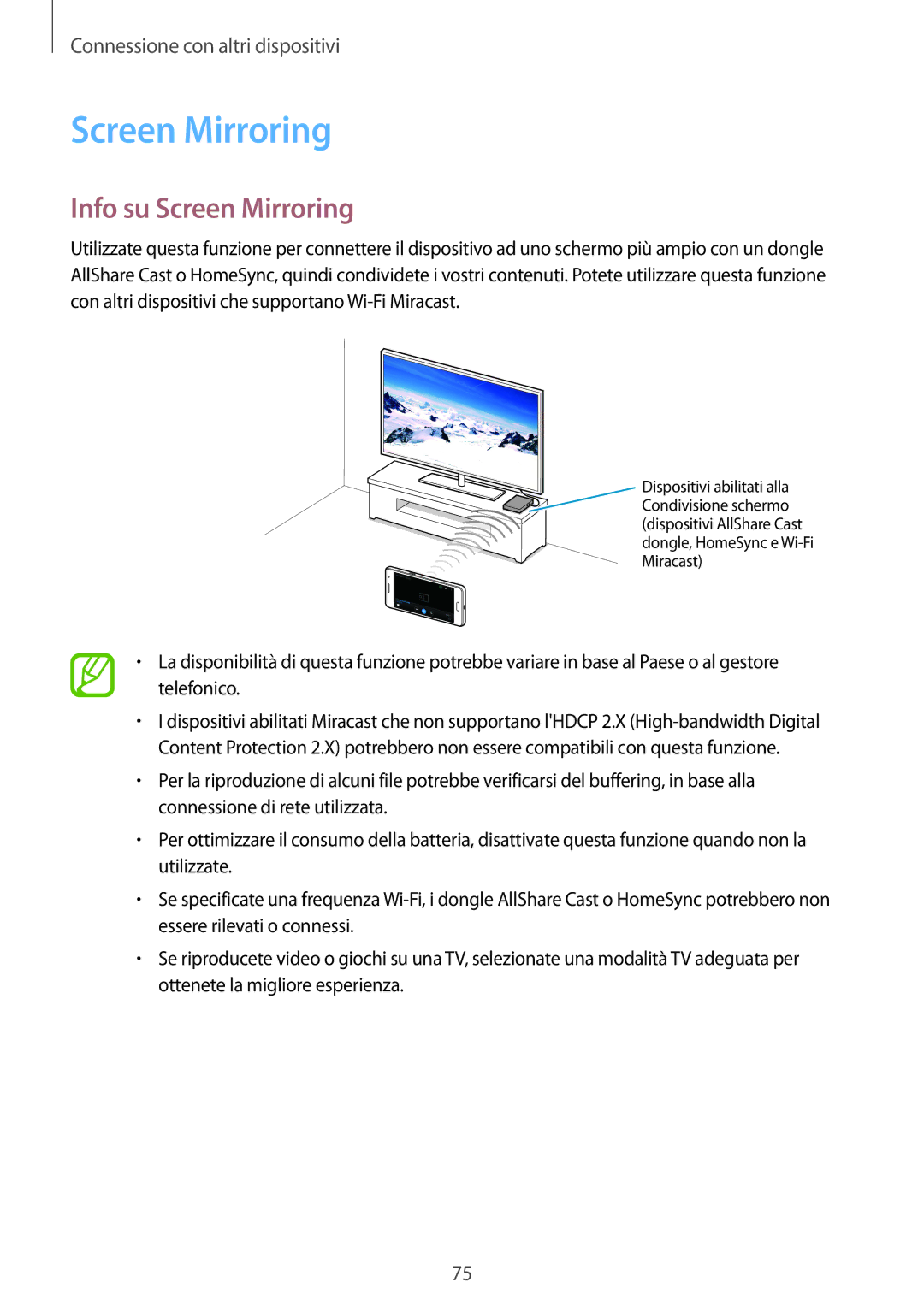 Samsung SM-G530FZAAWIN, SM-G530FZAAXEO, SM-G530FZWAPRT, SM-G530FZWATIM, SM-G530FZWAHUI manual Info su Screen Mirroring 