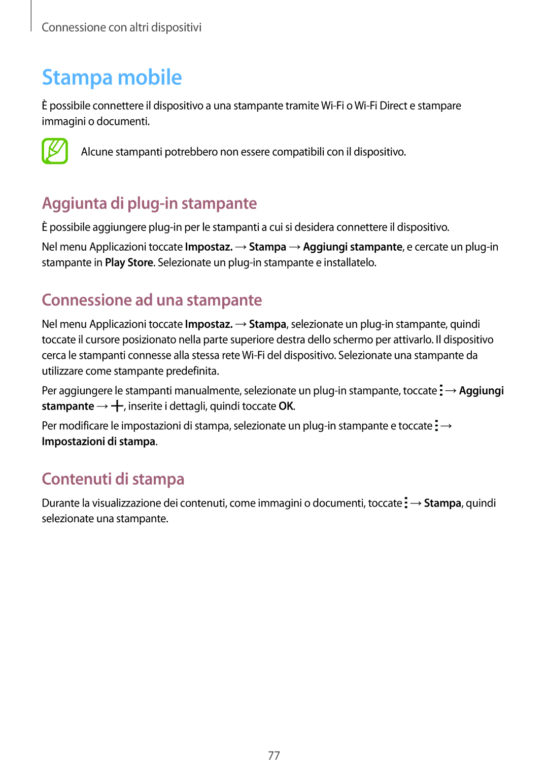 Samsung SM-G530FZWAWIN Stampa mobile, Aggiunta di plug-in stampante, Connessione ad una stampante, Contenuti di stampa 