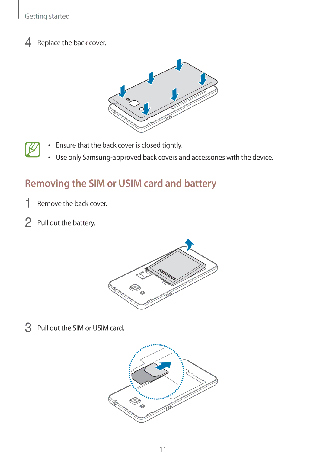 Samsung SM-G530FZWAXSG, SM-G530FZDAKSA, SM-G530FZWAKSA, SM-G530FZAAXSG manual Removing the SIM or Usim card and battery 