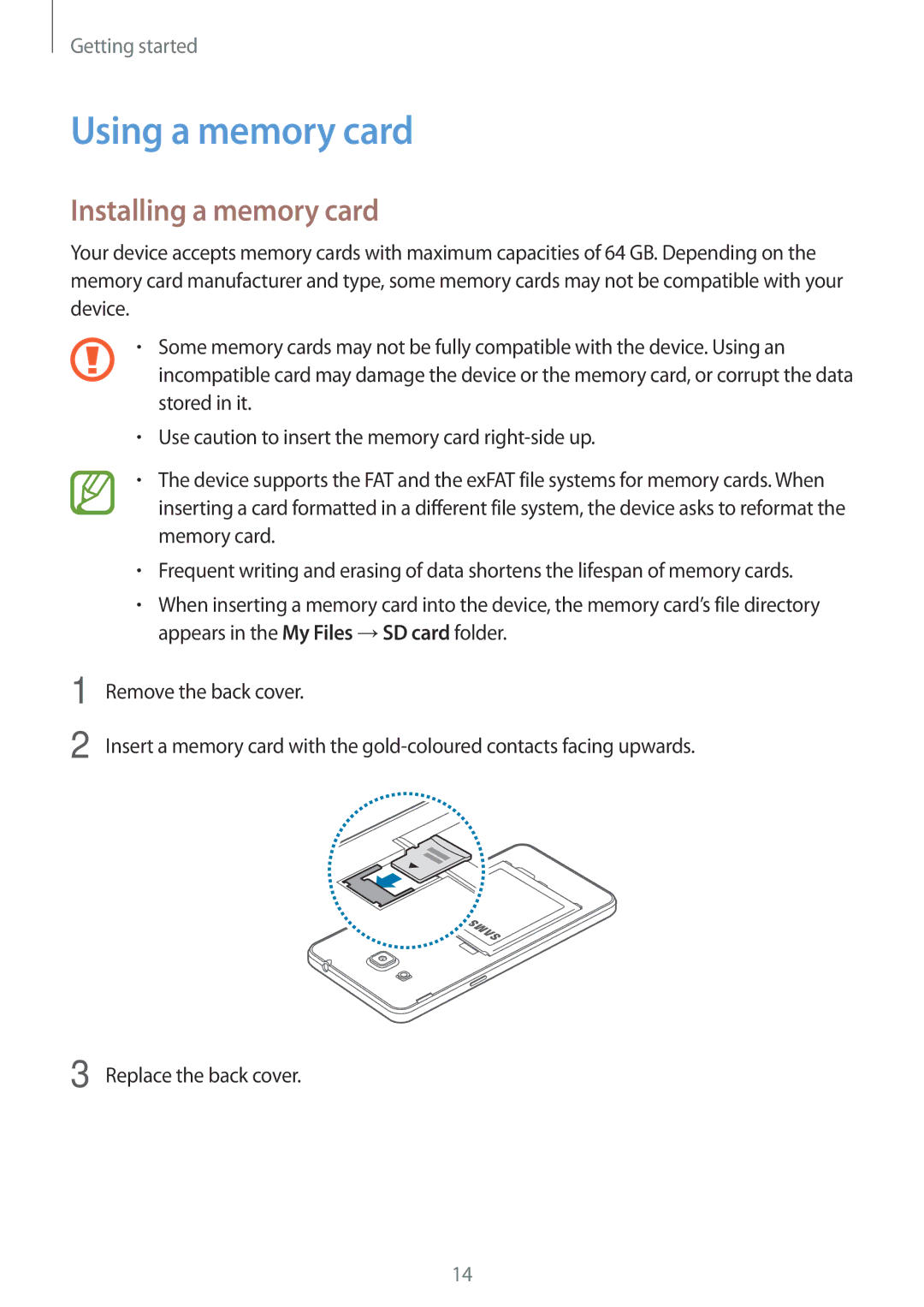 Samsung SM-G530FZDAKSA, SM-G530FZWAKSA, SM-G530FZAAXSG, SM-G530FZAAKSA manual Using a memory card, Installing a memory card 