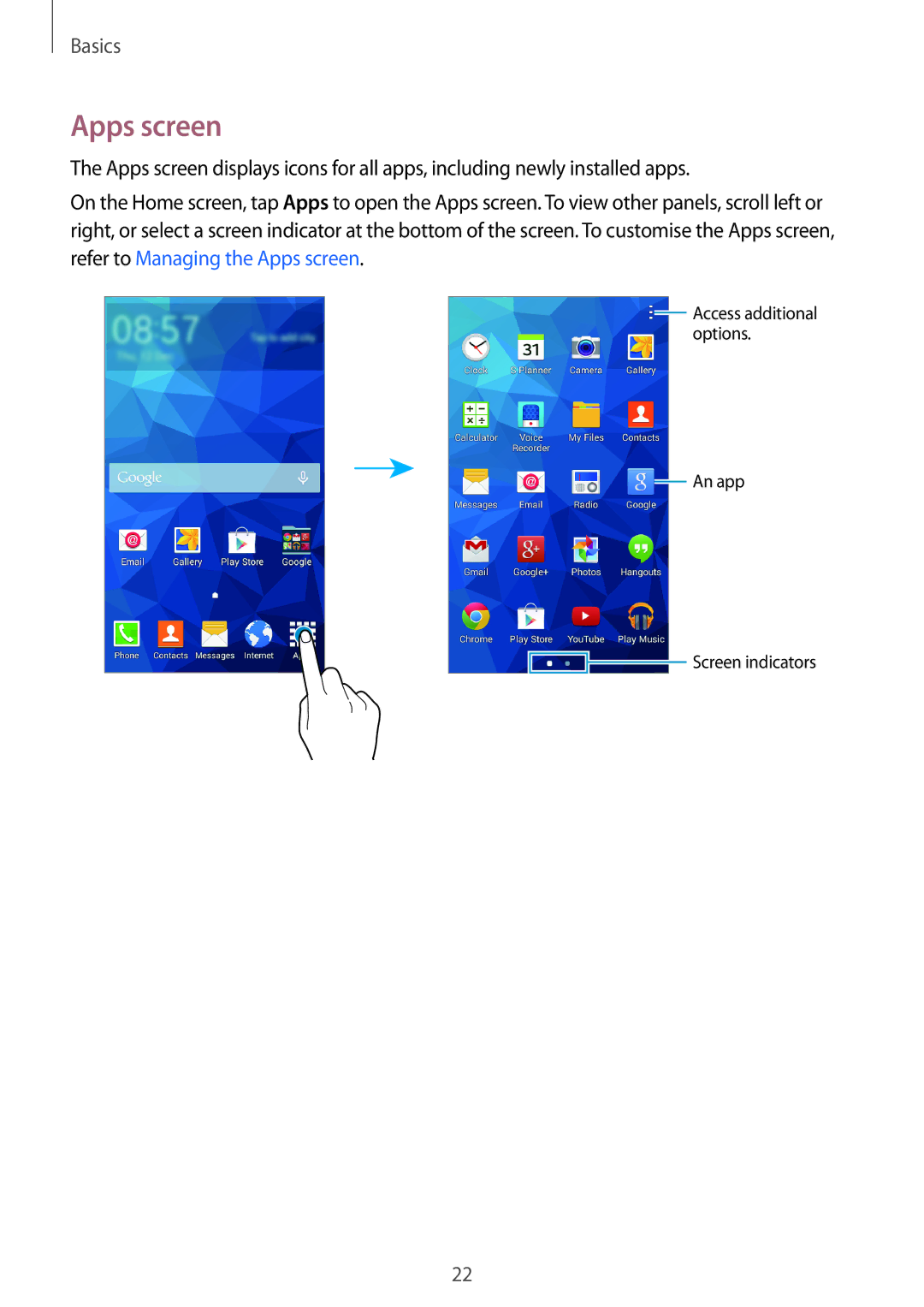 Samsung SM-G530FZWAKSA, SM-G530FZDAKSA, SM-G530FZAAXSG, SM-G530FZAAKSA, SM-G530FZWAXSG, SM-G530FZWAILO manual Apps screen 