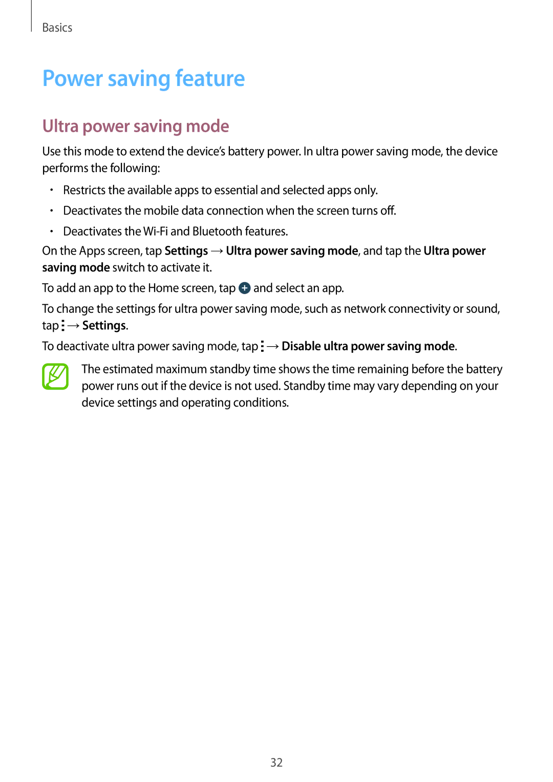 Samsung SM-G530FZWAXSG, SM-G530FZDAKSA, SM-G530FZWAKSA, SM-G530FZAAXSG manual Power saving feature, Ultra power saving mode 