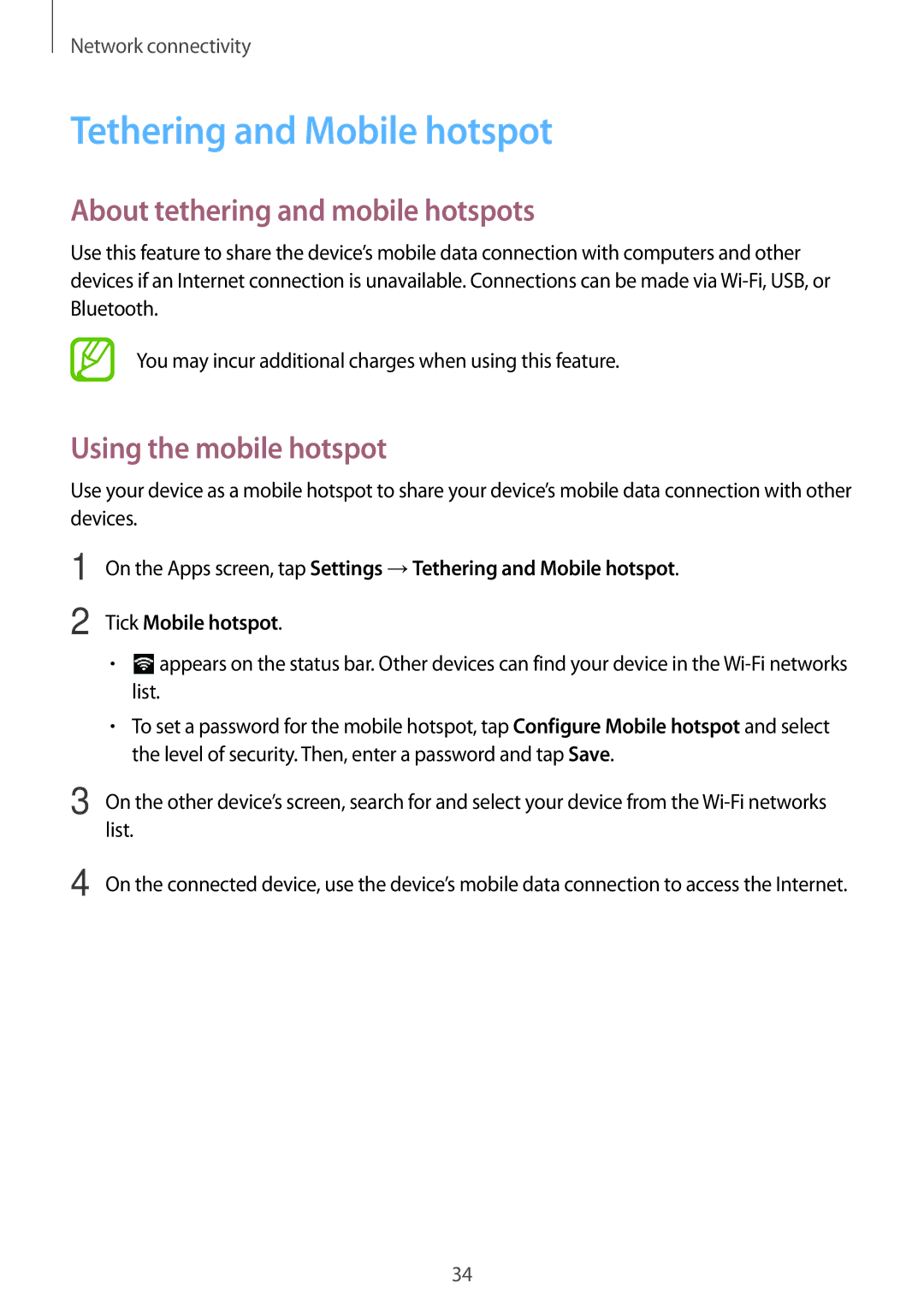 Samsung SM-G530FZAAILO manual Tethering and Mobile hotspot, About tethering and mobile hotspots, Using the mobile hotspot 