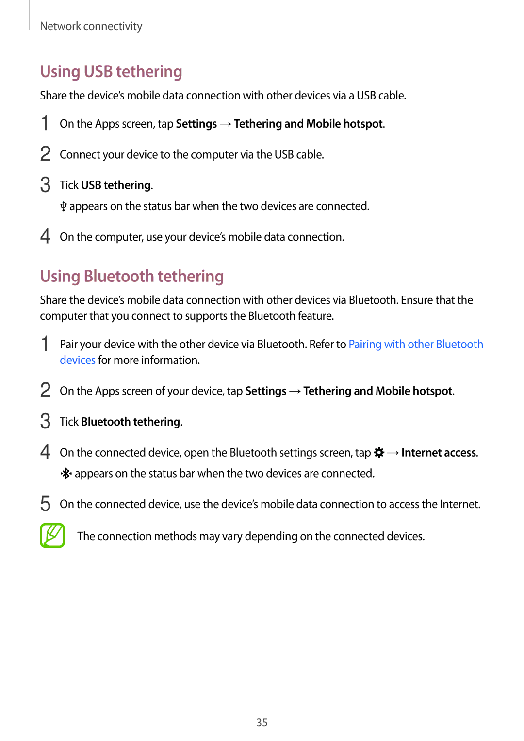 Samsung SM-G530FZDAKSA manual Using USB tethering, Using Bluetooth tethering, Tick USB tethering, Tick Bluetooth tethering 