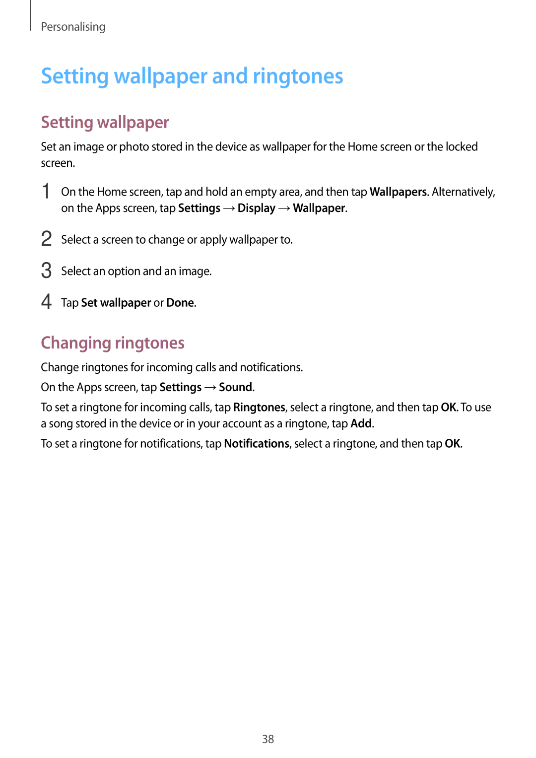 Samsung SM-G530FZAAKSA, SM-G530FZDAKSA manual Setting wallpaper and ringtones, Changing ringtones, Tap Set wallpaper or Done 