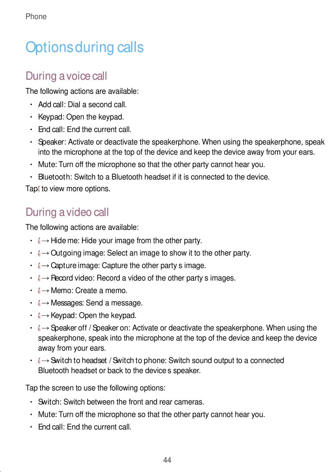 Samsung SM-G530FZAAXSG, SM-G530FZDAKSA, SM-G530FZWAKSA manual Options during calls, During a voice call, During a video call 