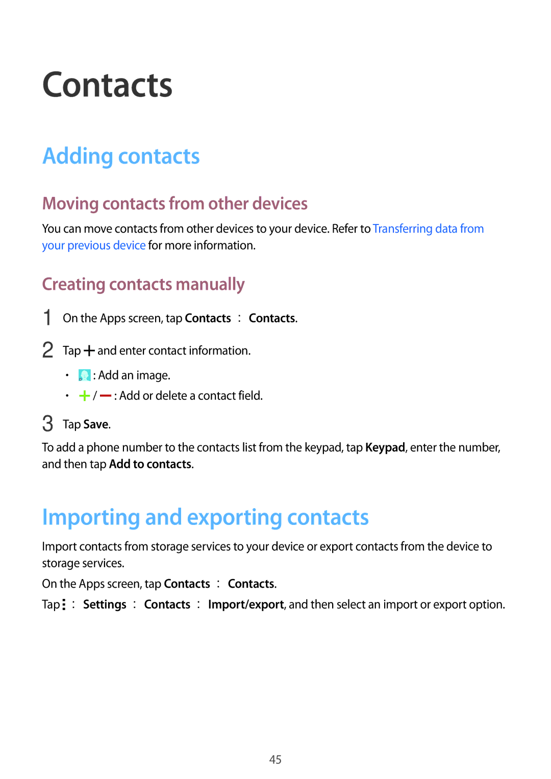 Samsung SM-G530FZAAKSA Contacts, Adding contacts, Importing and exporting contacts, Moving contacts from other devices 