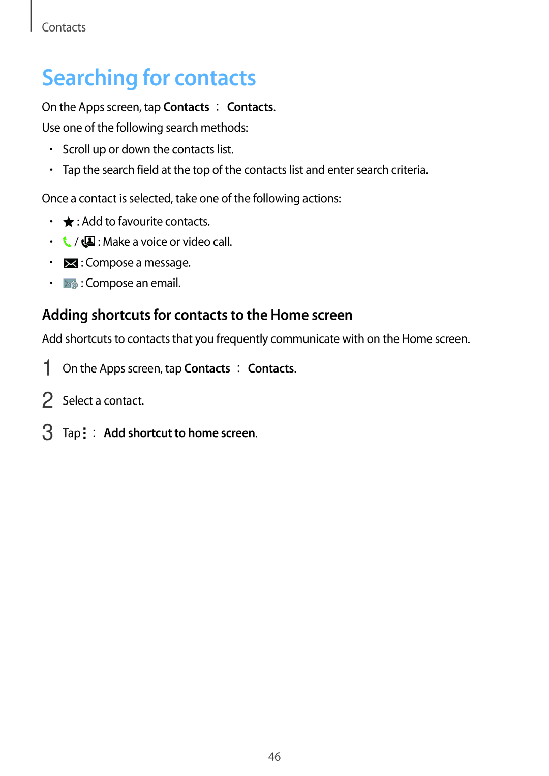 Samsung SM-G530FZWAXSG, SM-G530FZDAKSA manual Searching for contacts, Adding shortcuts for contacts to the Home screen 