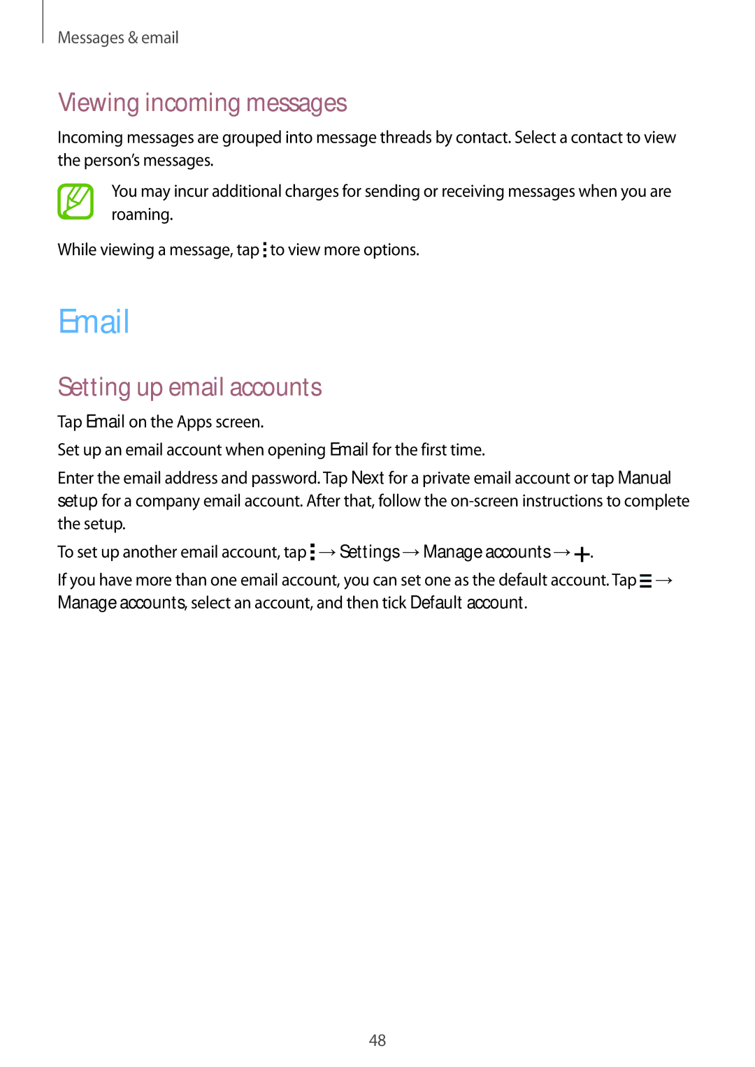 Samsung SM-G530FZAAILO, SM-G530FZDAKSA, SM-G530FZWAKSA, SM-G530FZAAXSG Viewing incoming messages, Setting up email accounts 