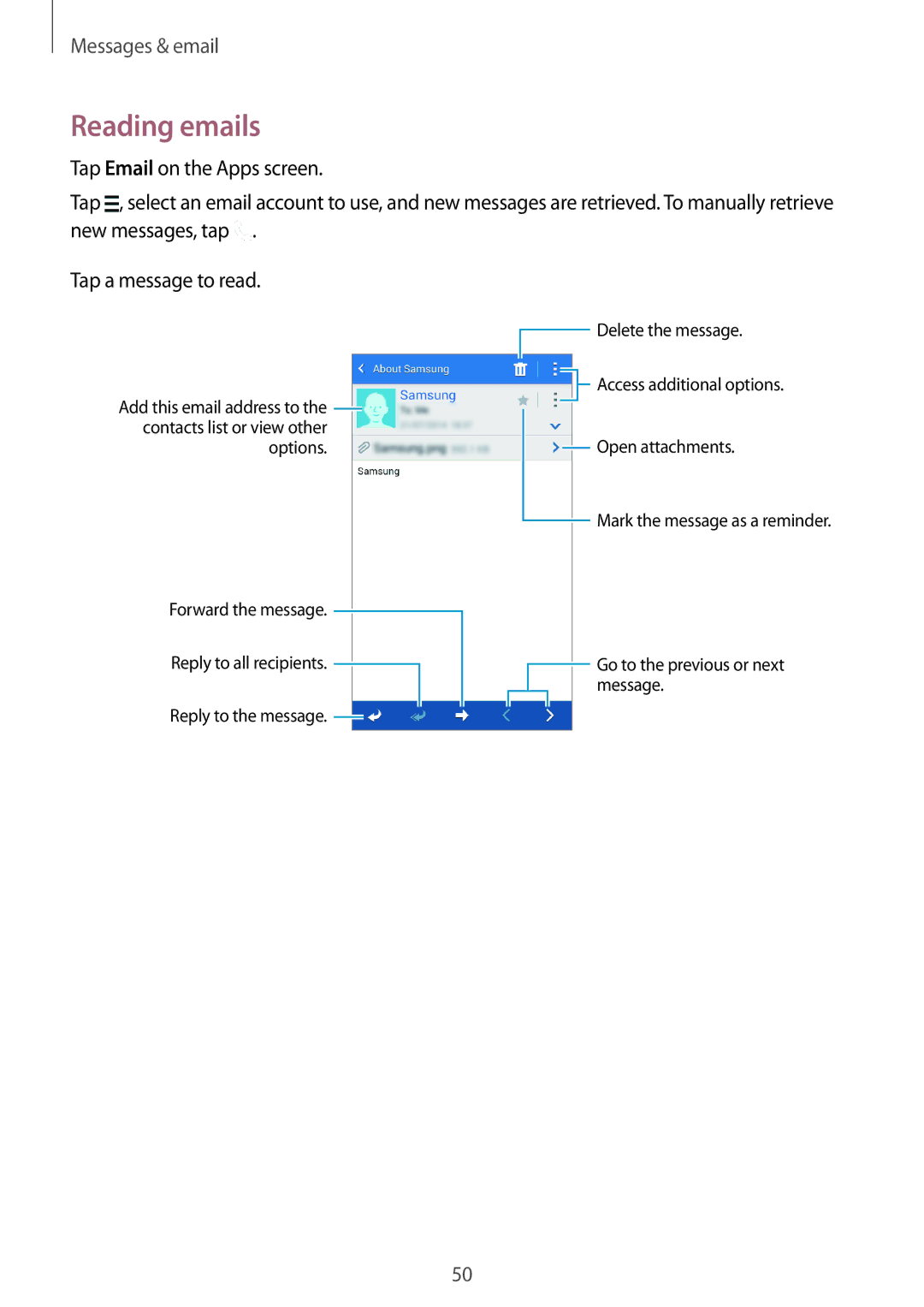 Samsung SM-G530FZWAKSA, SM-G530FZDAKSA, SM-G530FZAAXSG, SM-G530FZAAKSA, SM-G530FZWAXSG, SM-G530FZWAILO manual Reading emails 