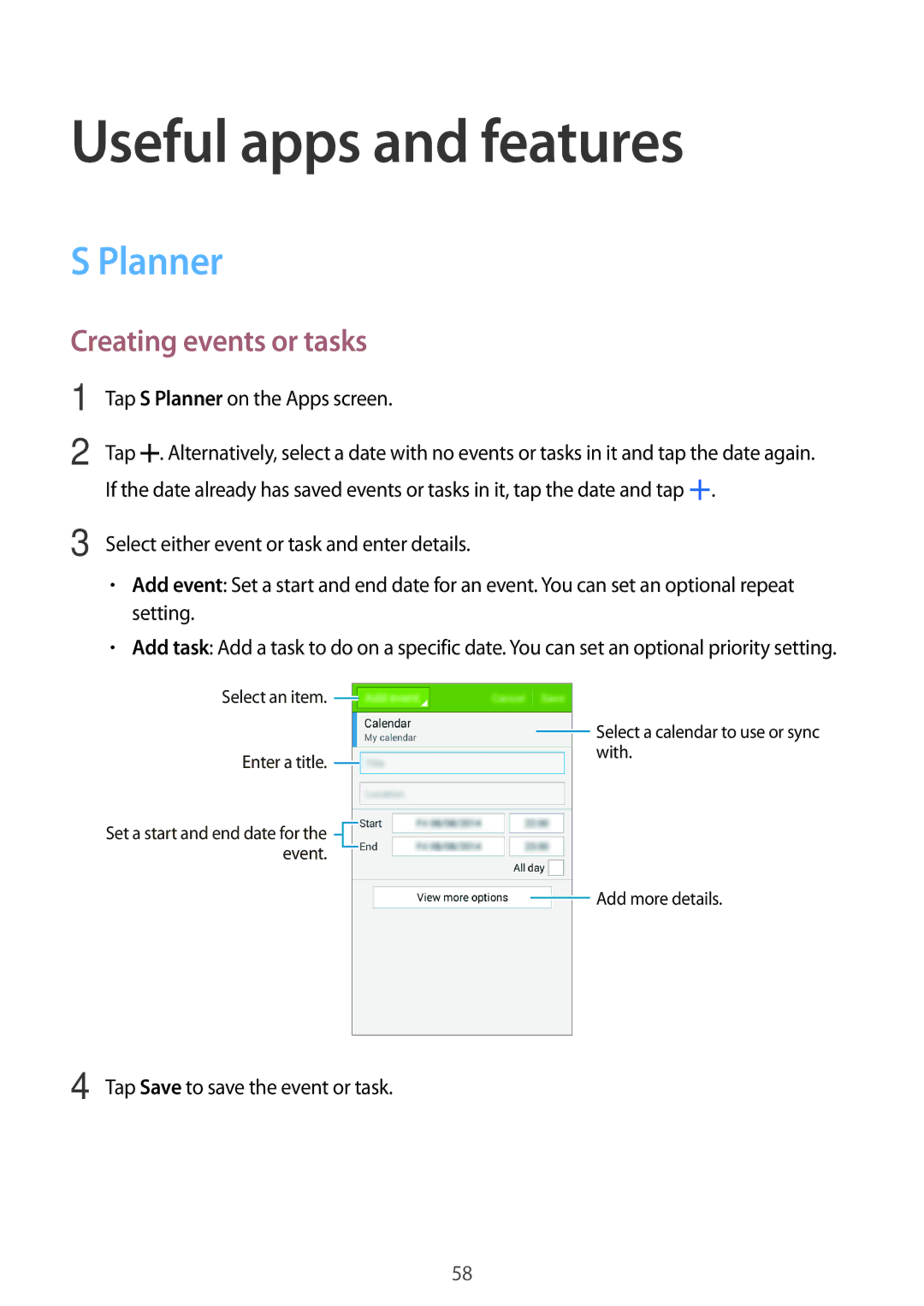 Samsung SM-G530FZAAXSG, SM-G530FZDAKSA, SM-G530FZWAKSA manual Useful apps and features, Planner, Creating events or tasks 