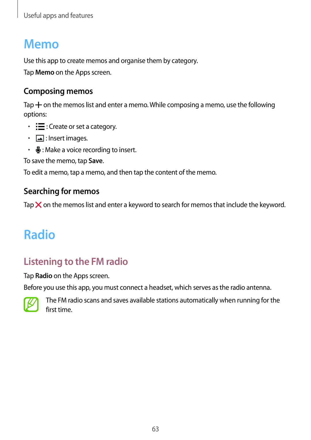 Samsung SM-G530FZDAKSA, SM-G530FZWAKSA manual Memo, Radio, Listening to the FM radio, Composing memos, Searching for memos 