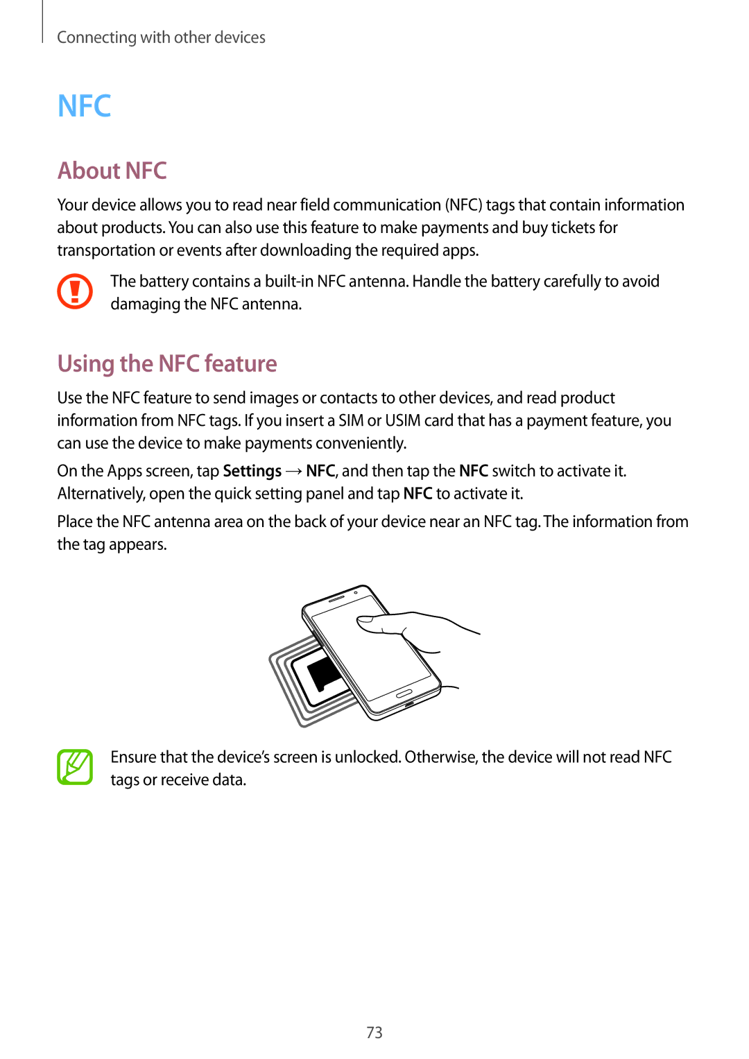 Samsung SM-G530FZAAKSA, SM-G530FZDAKSA, SM-G530FZWAKSA, SM-G530FZAAXSG, SM-G530FZWAXSG manual About NFC, Using the NFC feature 