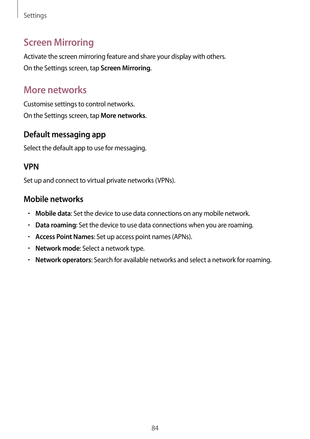 Samsung SM-G530FZDAKSA, SM-G530FZWAKSA manual Screen Mirroring, More networks, Default messaging app, Mobile networks 