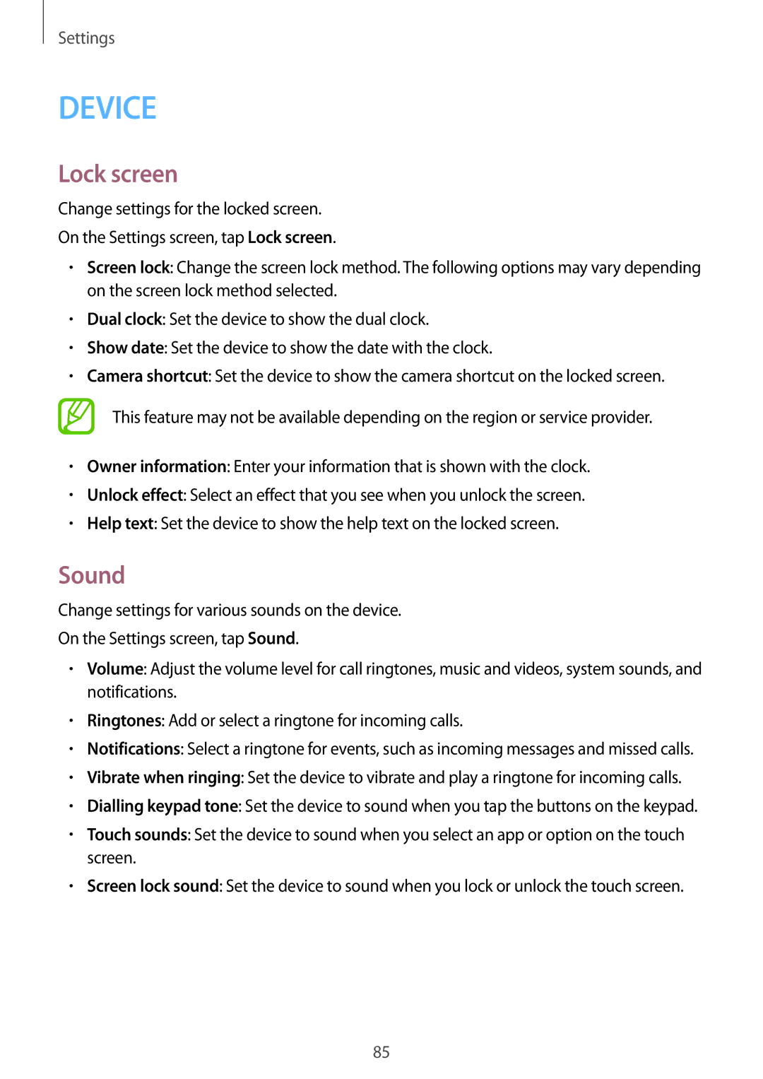 Samsung SM-G530FZWAKSA, SM-G530FZDAKSA, SM-G530FZAAXSG, SM-G530FZAAKSA, SM-G530FZWAXSG, SM-G530FZWAILO manual Lock screen, Sound 