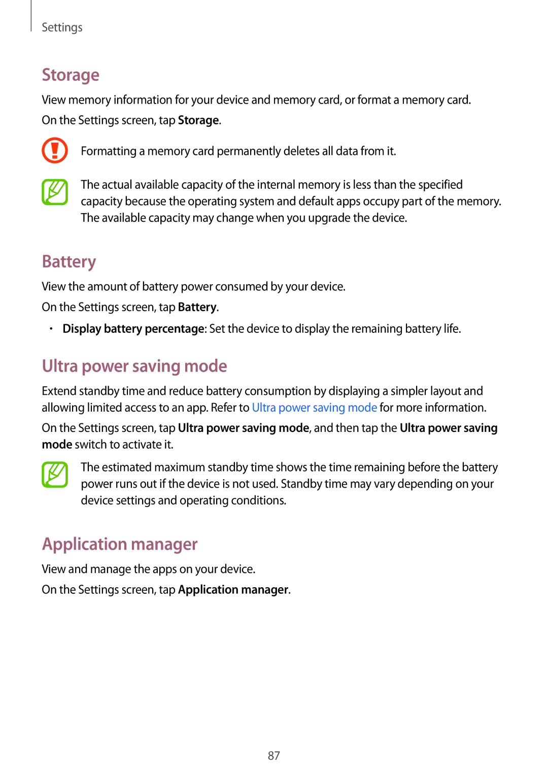 Samsung SM-G530FZAAKSA, SM-G530FZDAKSA, SM-G530FZWAKSA, SM-G530FZAAXSG, SM-G530FZWAXSG Storage, Battery, Application manager 