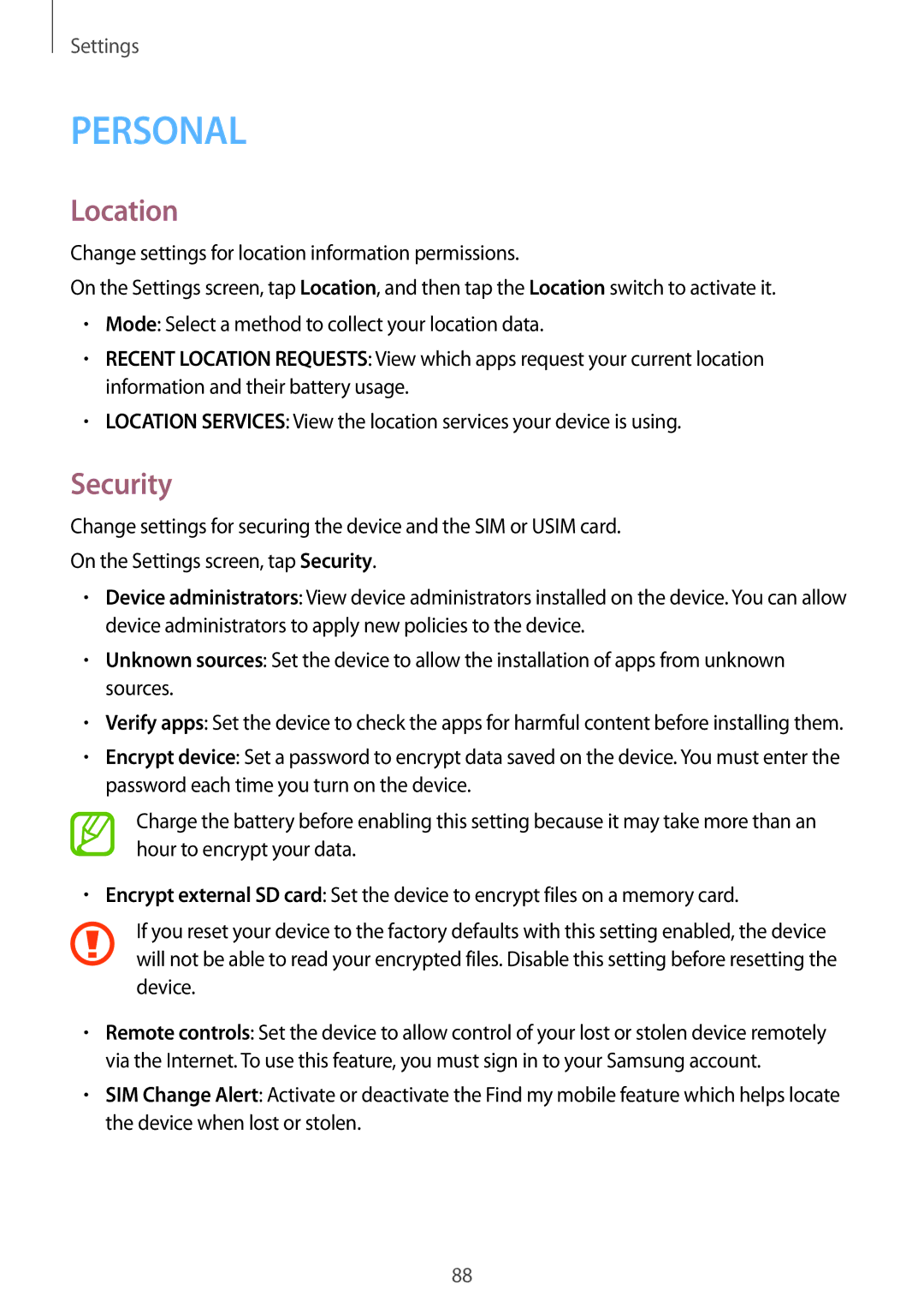 Samsung SM-G530FZWAXSG, SM-G530FZDAKSA, SM-G530FZWAKSA, SM-G530FZAAXSG, SM-G530FZAAKSA, SM-G530FZWAILO manual Location, Security 